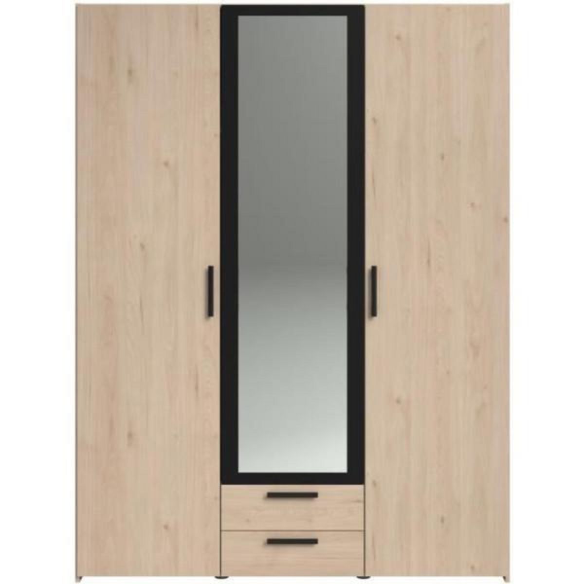 PARISOT Armoire VARIA - Décor chene et noir - 3 portes battantes + 2 tiroirs + 1 miroir - L 150 x H 200 x P 51 cm