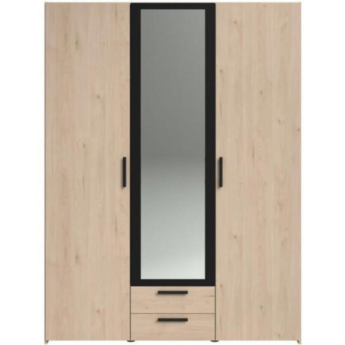 PARISOT Armoire VARIA - Décor chene et noir - 3 portes battantes + 2 tiroirs + 1 miroir - L 150 x H 200 x P 51 cm
