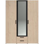 Voir la diapositive 4 : PARISOT Armoire VARIA - Décor chene et noir - 3 portes battantes + 2 tiroirs + 1 miroir - L 150 x H 200 x P 51 cm