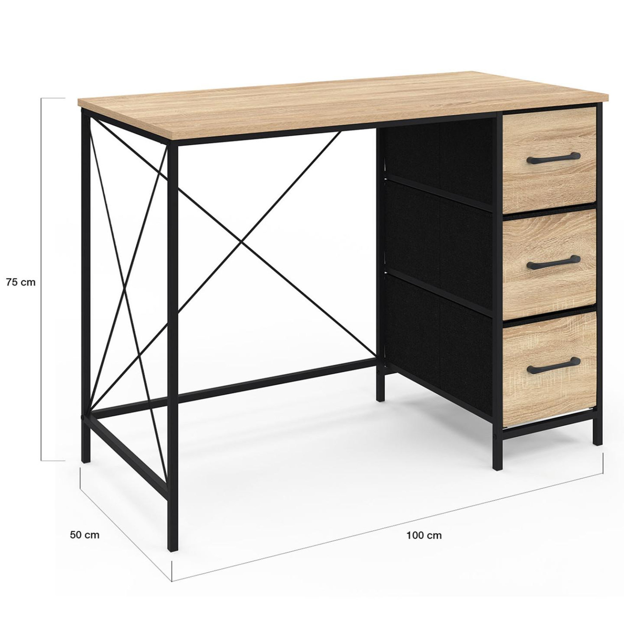 Voir la diapositive 4 : ID MARKET Bureau 3 tiroirs en tissu utah bois et noir design industriel