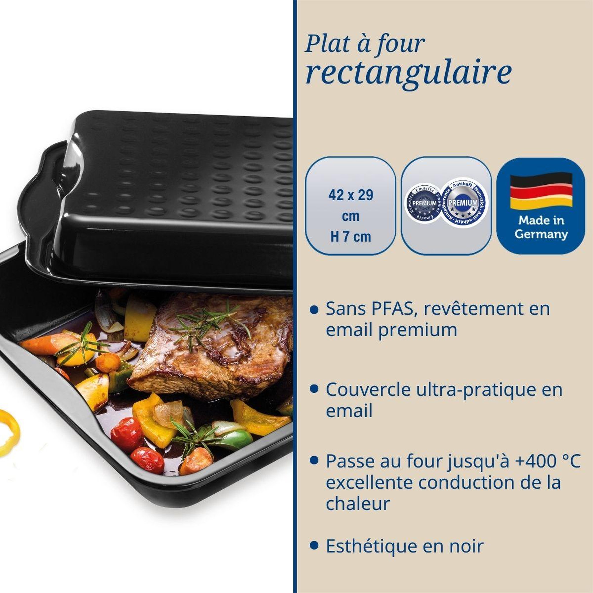 Voir la diapositive 2 : DR.OETKER Plat à four avec couvercle en acier émaillé 42 x 34 cm Dr. Oetker Back-Idee Kreativ