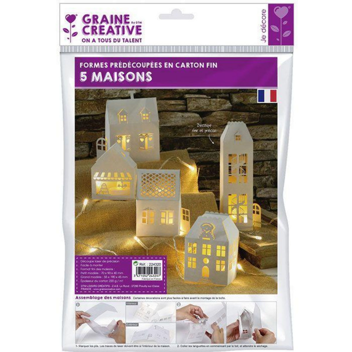 Graine créative 5 maisons blanches de décoration à monter soi-même 19 x 5,5 x 4,5 cm
