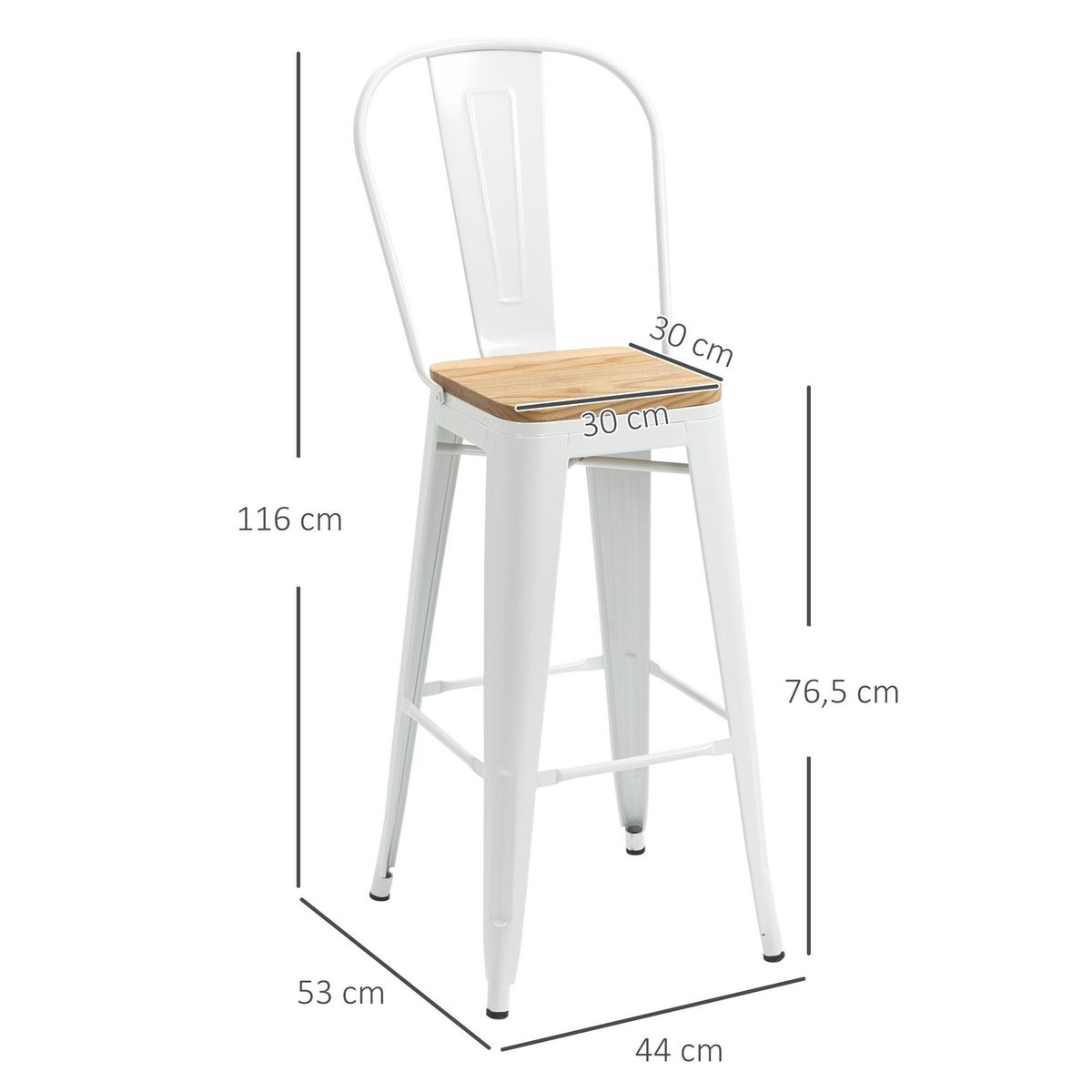 HOMCOM Lot de 4 tabourets de bar industriel avec dossier repose-pied hauteur assise 76 cm acier blanc bois d'orme