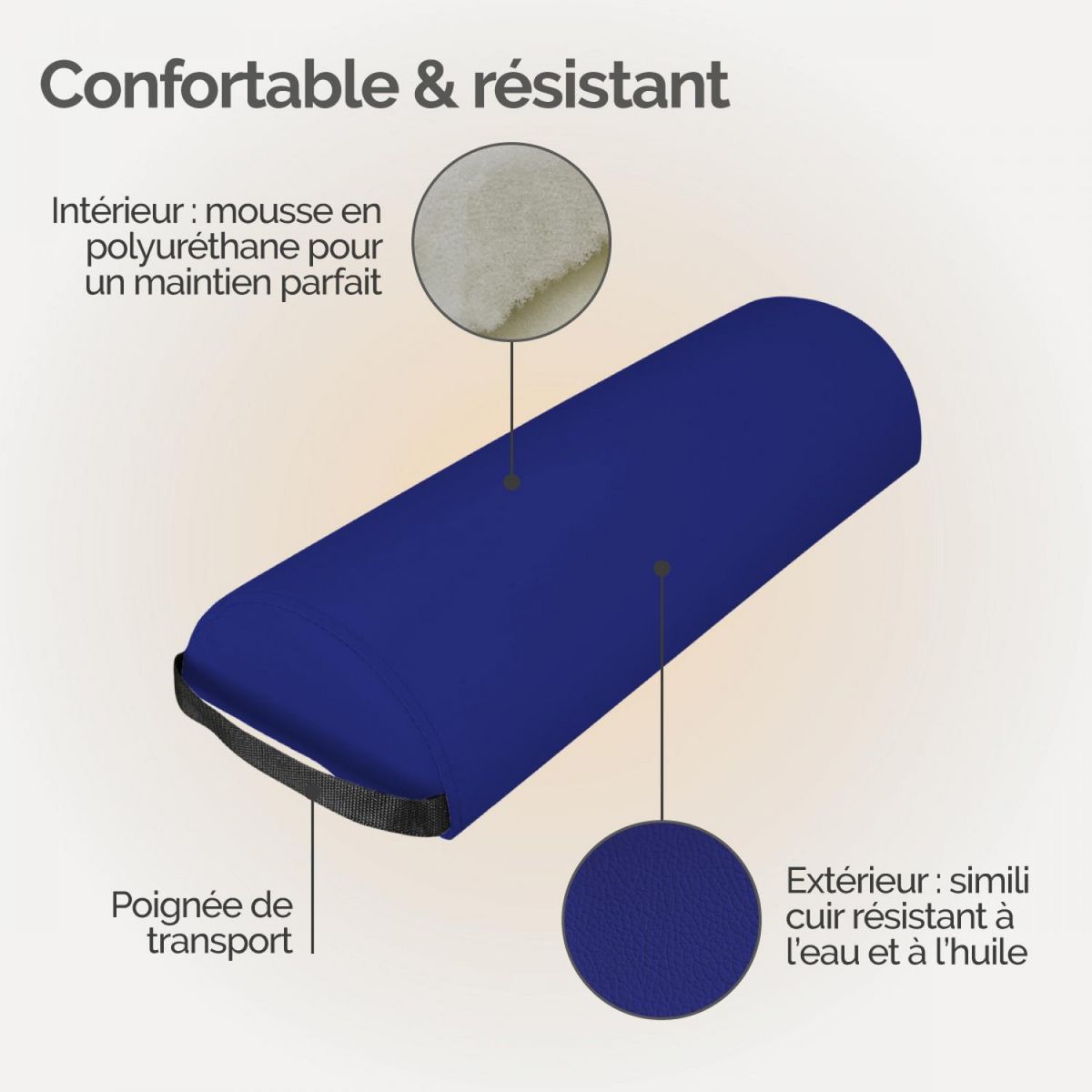 VIVEZEN Traversin, coussin demi-rond 66 cm x 22 cm x 12 cm pour table de massage