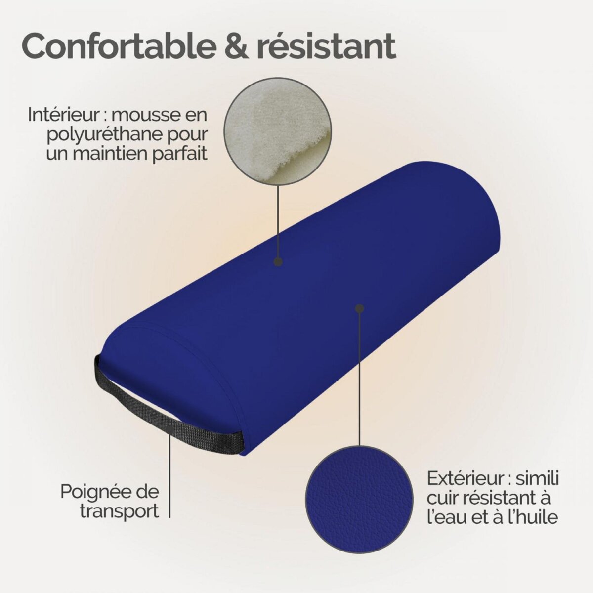 VIVEZEN Traversin, coussin demi-rond 66 cm x 22 cm x 12 cm pour table de massage