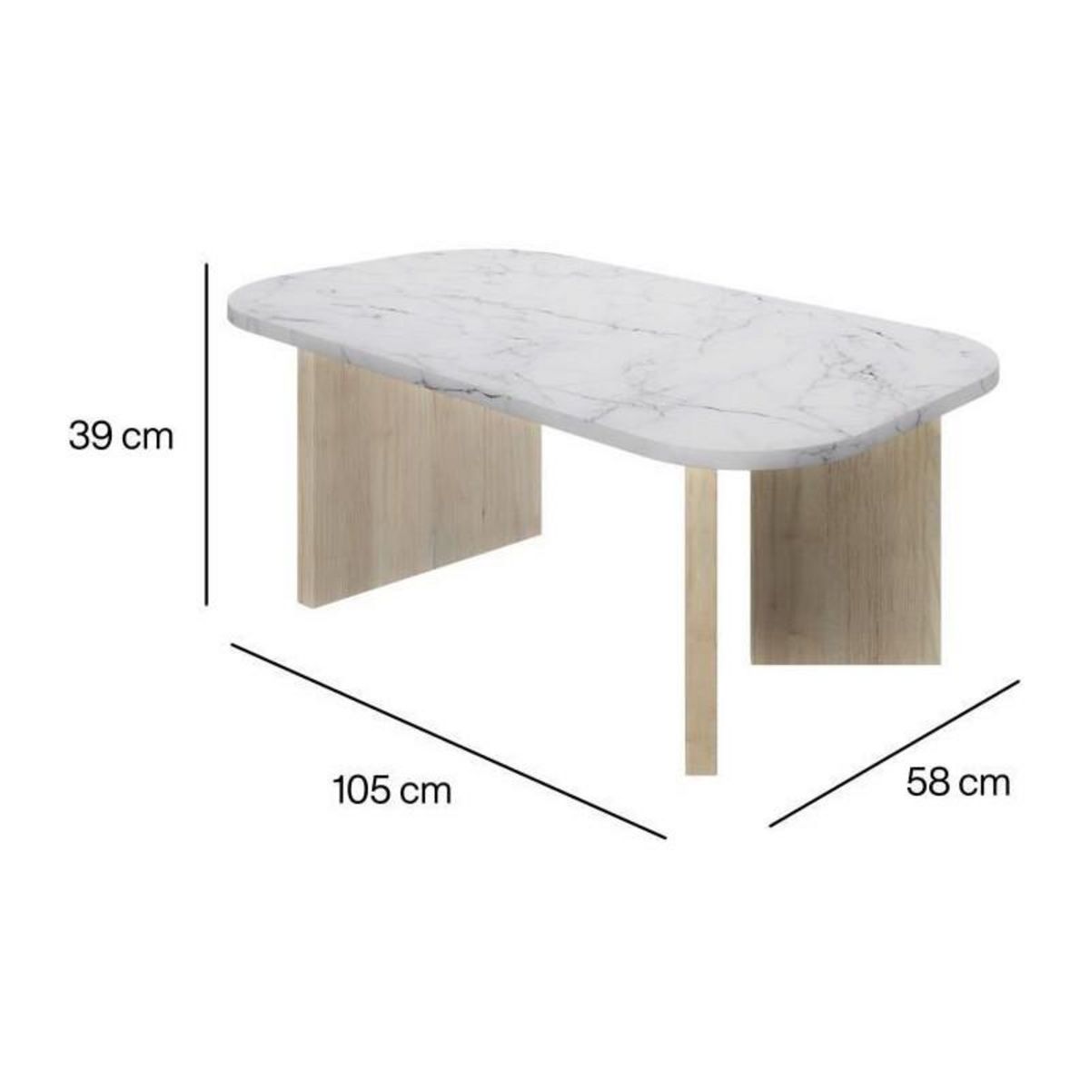 DIAGONE Table basse ovale - QUARTZ - Blanc effet marbre - Pieds épais en chene - 105 x 58 x 39 cm - DIAGONE