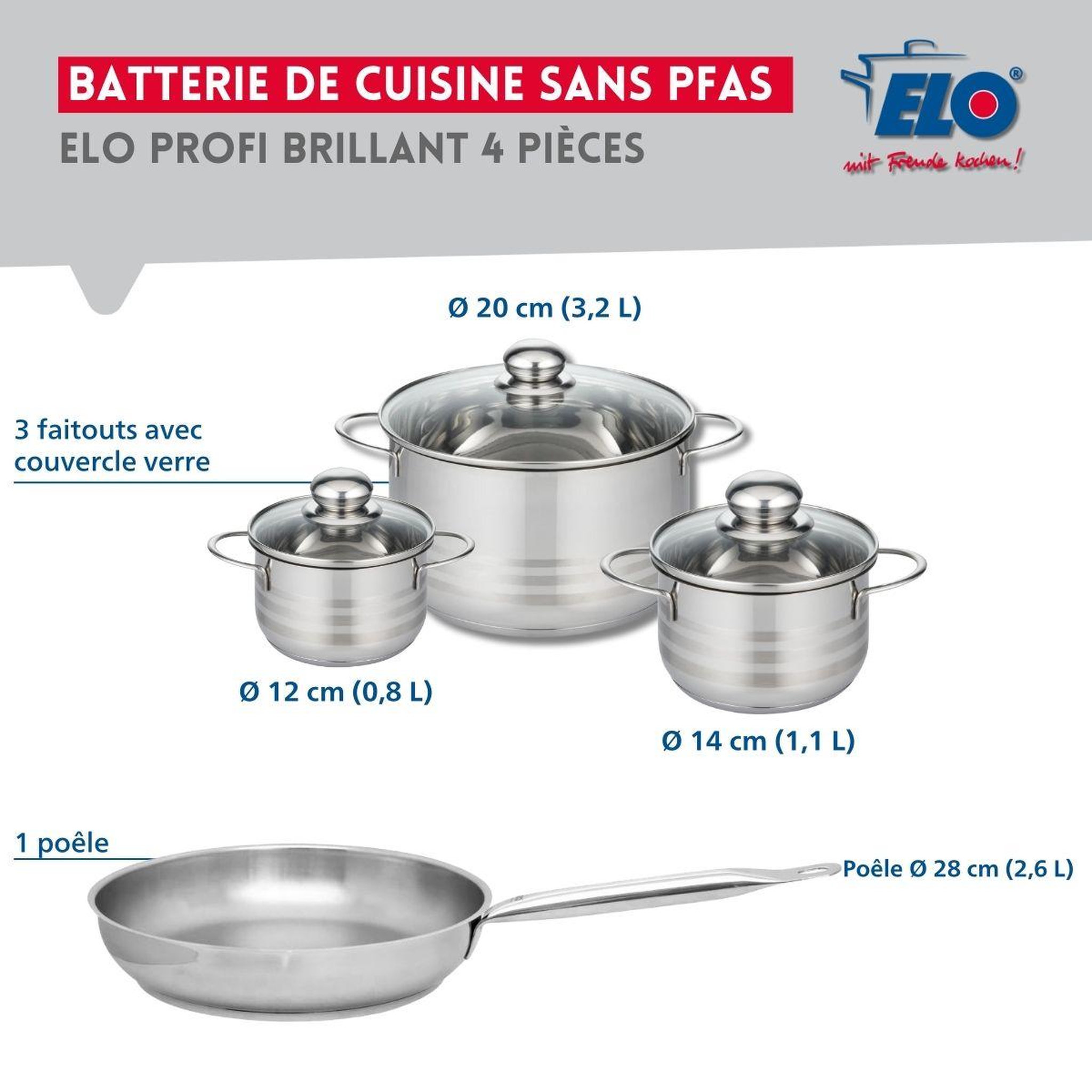 Voir la diapositive 2 : ELO Ensemble de 1 poêle de cuisson 28 cm et 3 faitouts 12, 14 et 20 cm elo profi brillant
