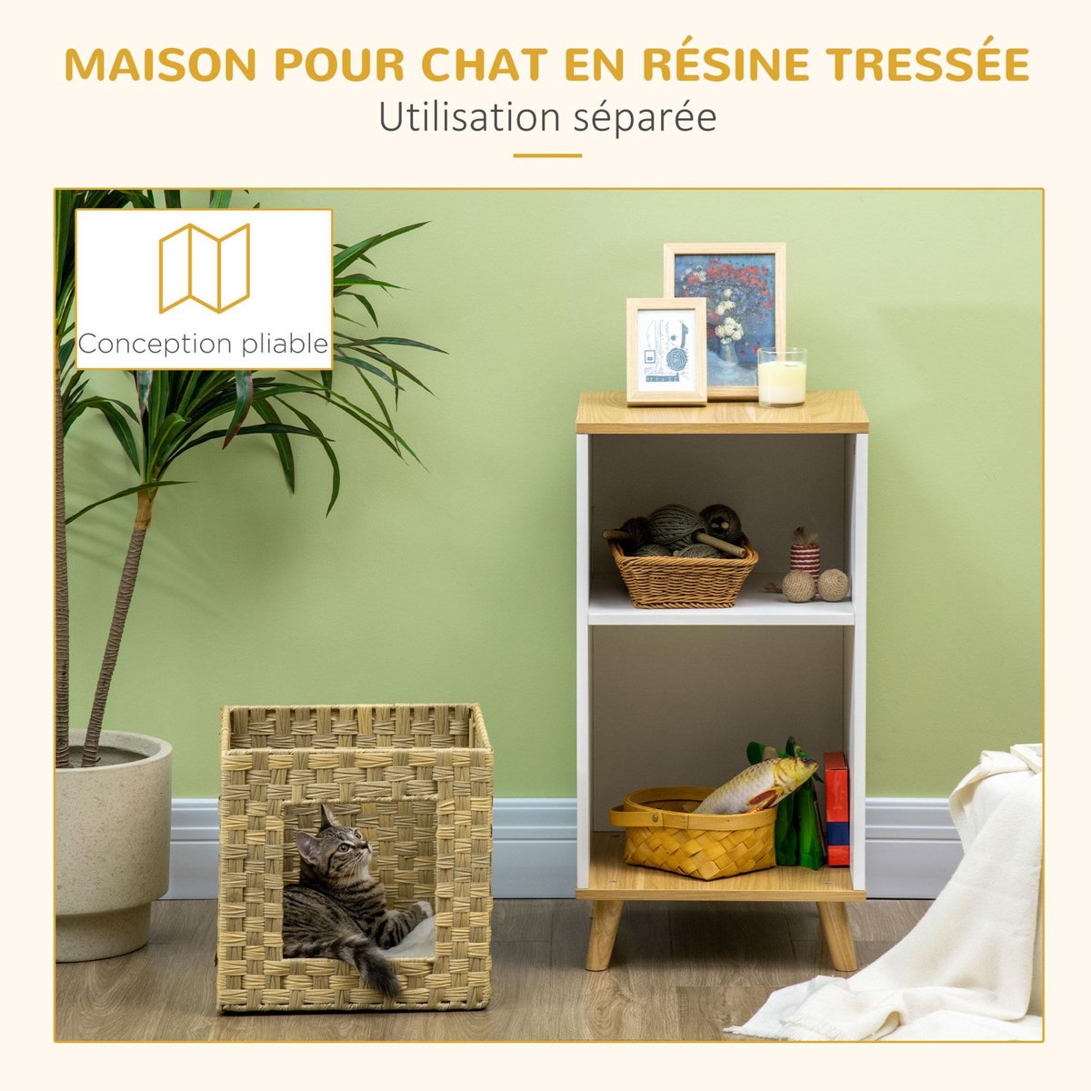 PAWHUT Maison pour chat rangement design scandinave - coussin peluche douce, niche panier rotin - panneaux blanc aspect chêne clair