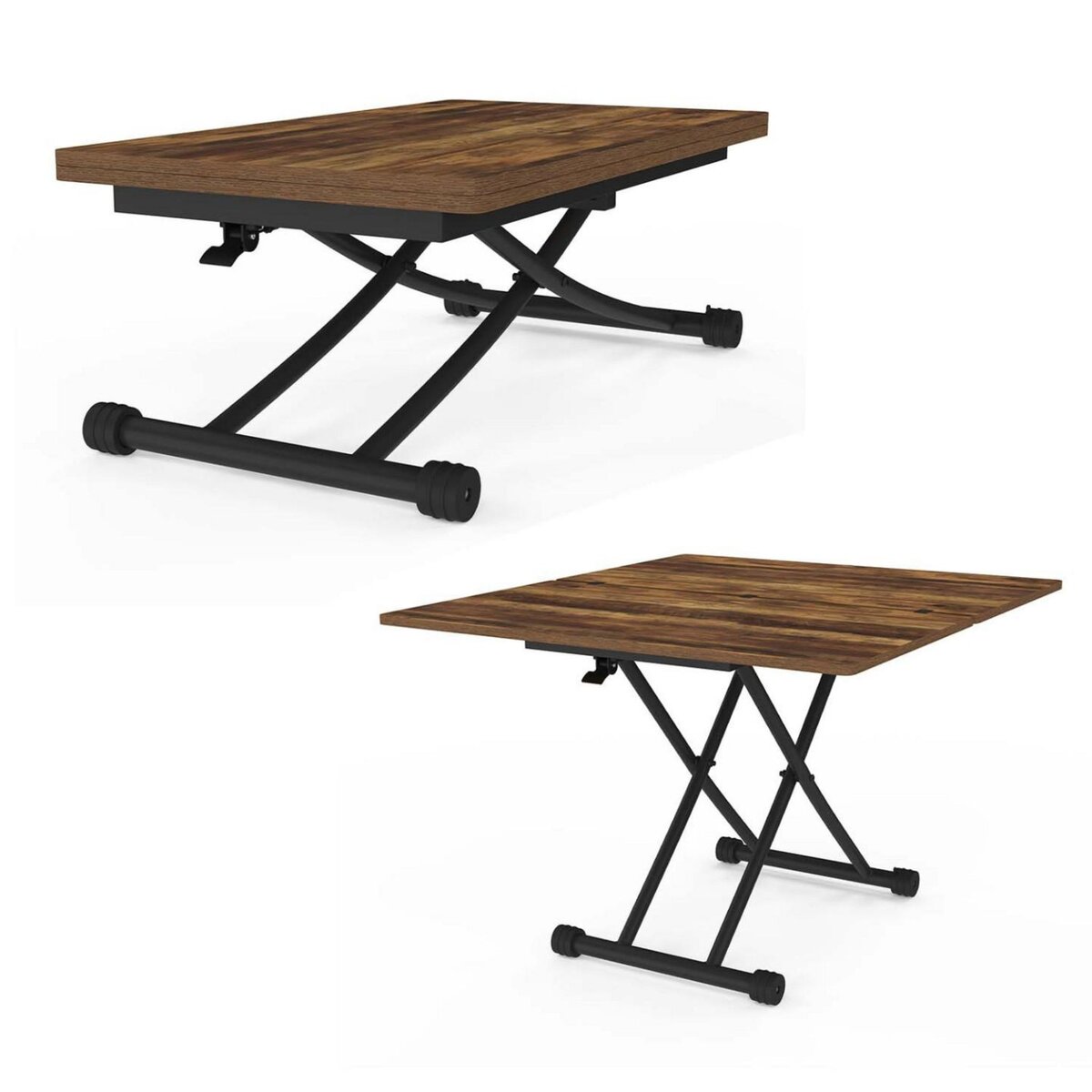 ID MARKET Table basse extensible relevable en table à manger URBANA plateau bois foncé effet vieilli pied noir design industriel