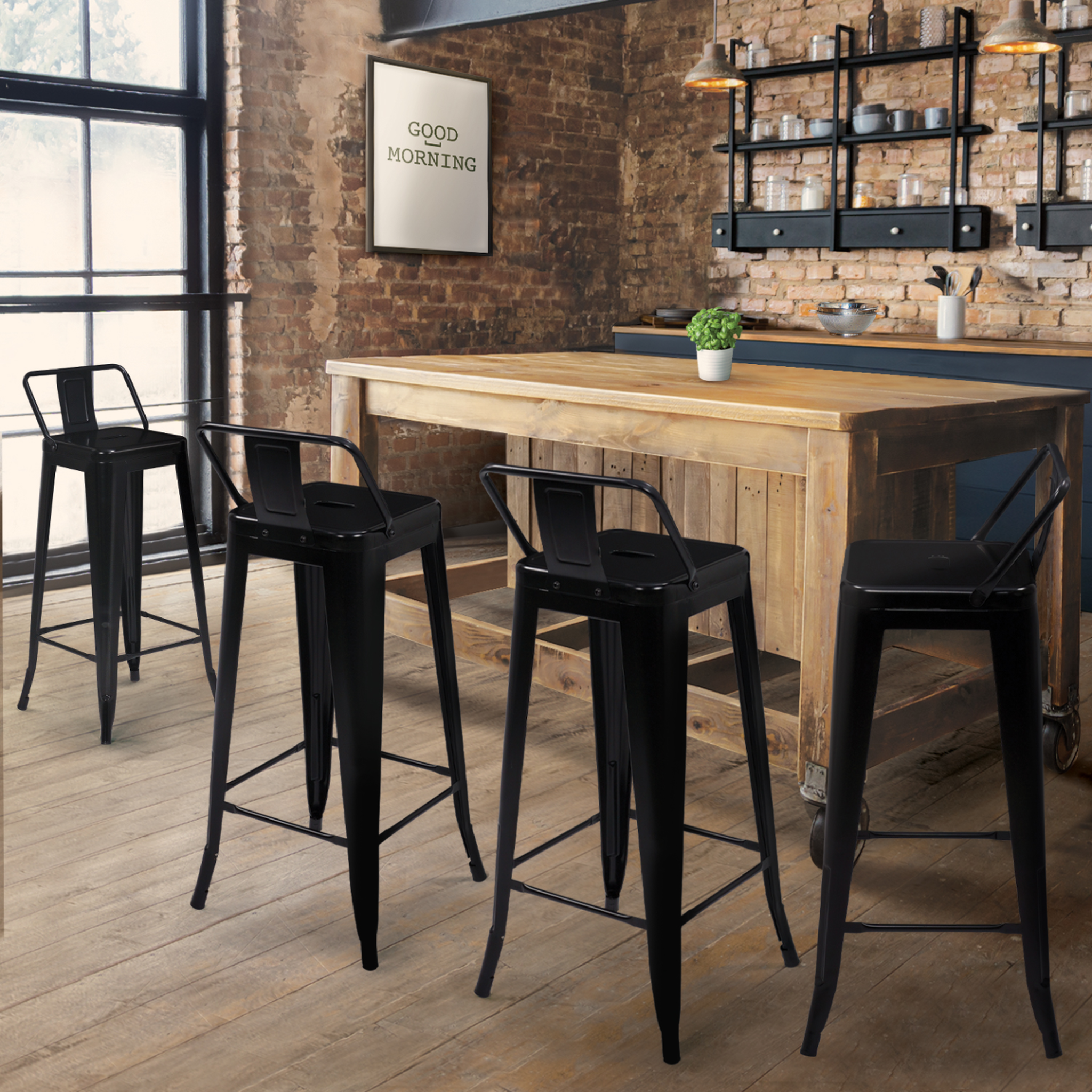 Voir la diapositive 2 : ID MARKET Lot de 4 tabourets de bar leny métal noir mat et dossier aspect brut factory