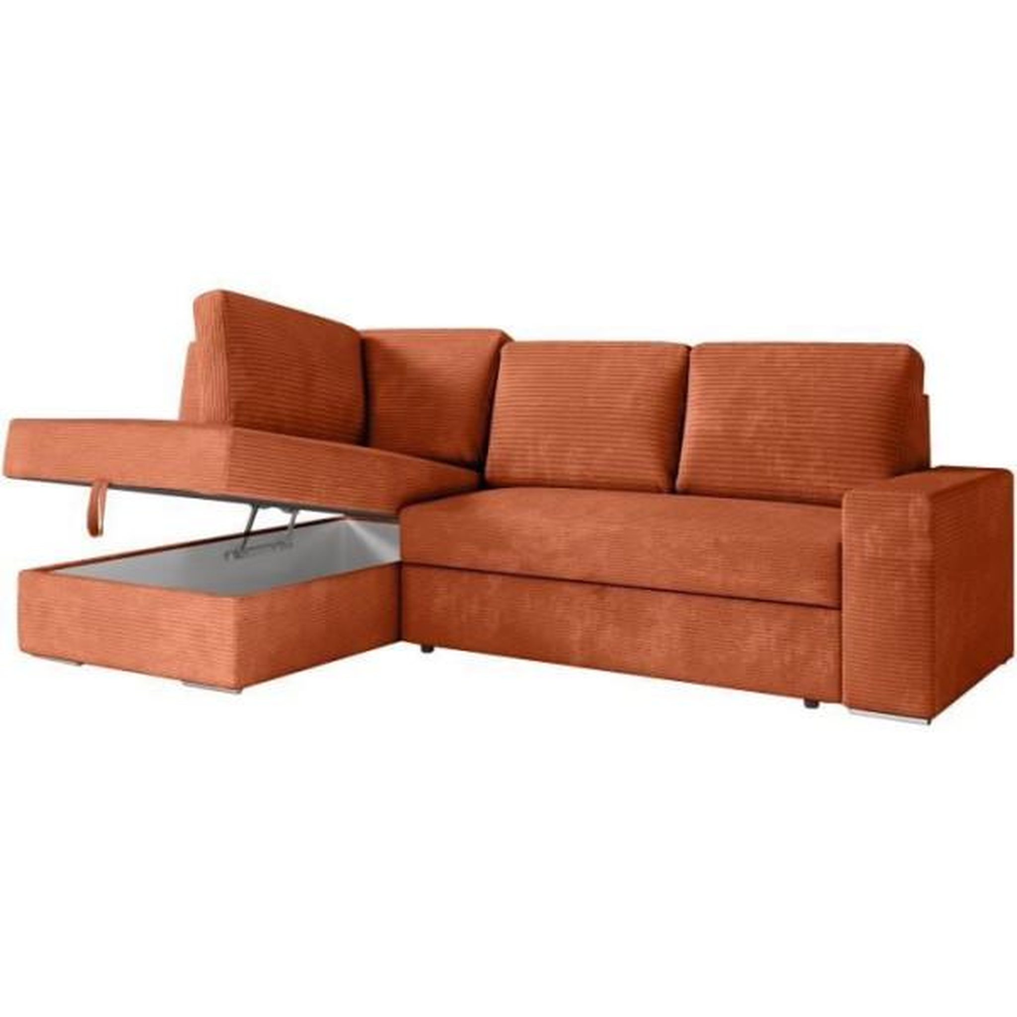 Voir la diapositive 4 : LOUNGITUDE Canapé d'angle gauche 3 places convertible ADEN avec coffre en velours côtelé - Terracotta - L246 x P174 x H96cm - LOUNGITUDE