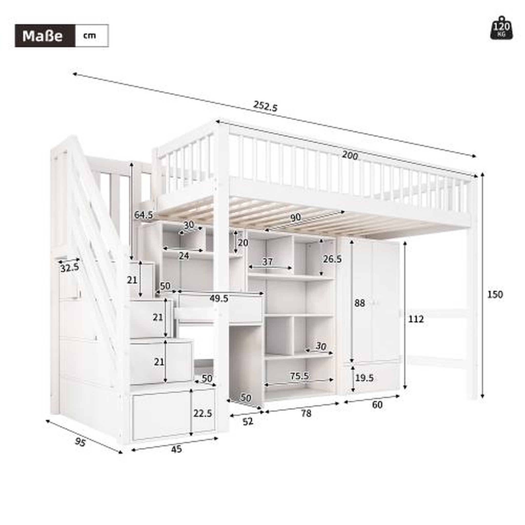 Voir la diapositive 3 : MERAX Lit combiné enfant 90x200 cm coloris blanc bois massif