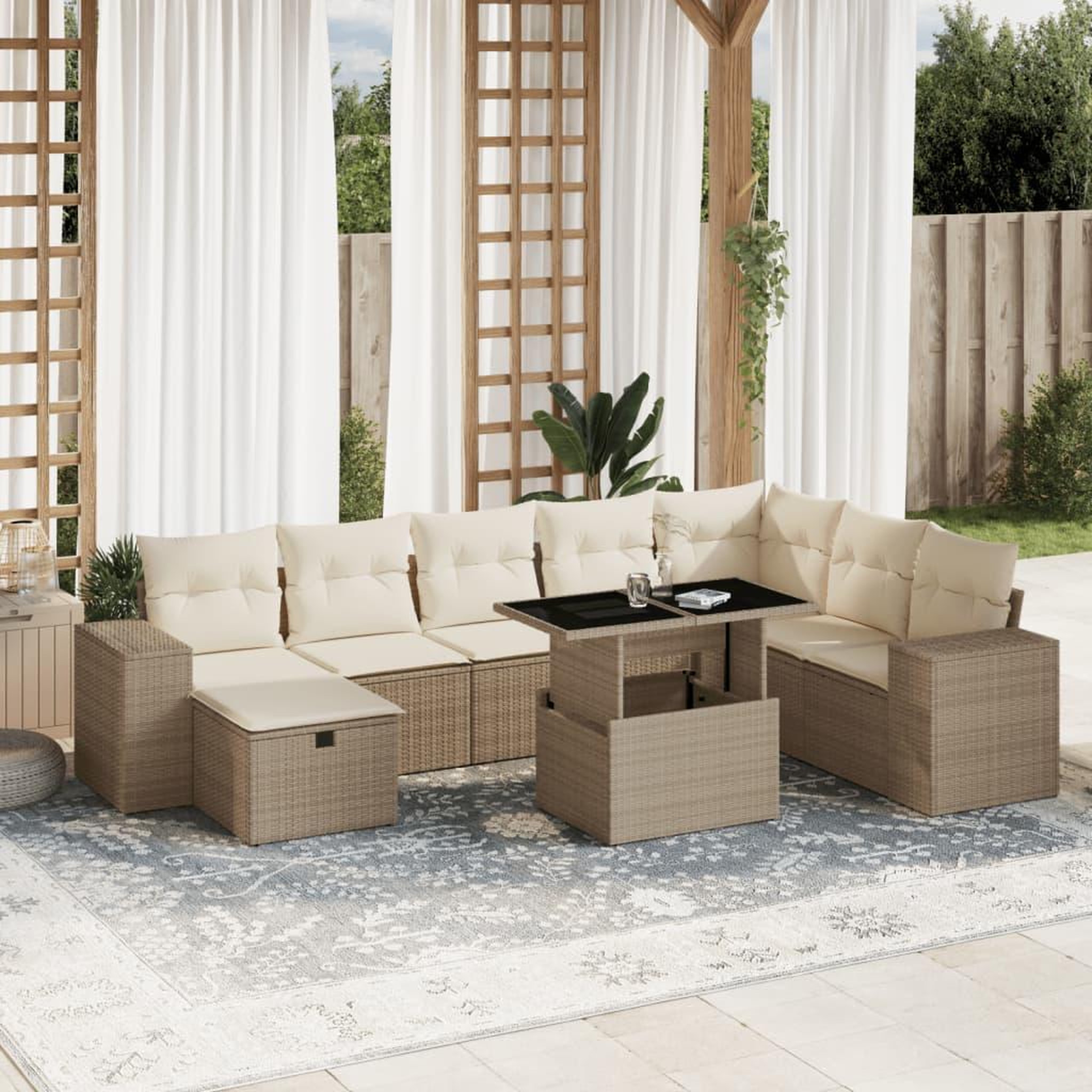 VIDAXL Salon de jardin avec coussins 9 pcs beige resine tressee