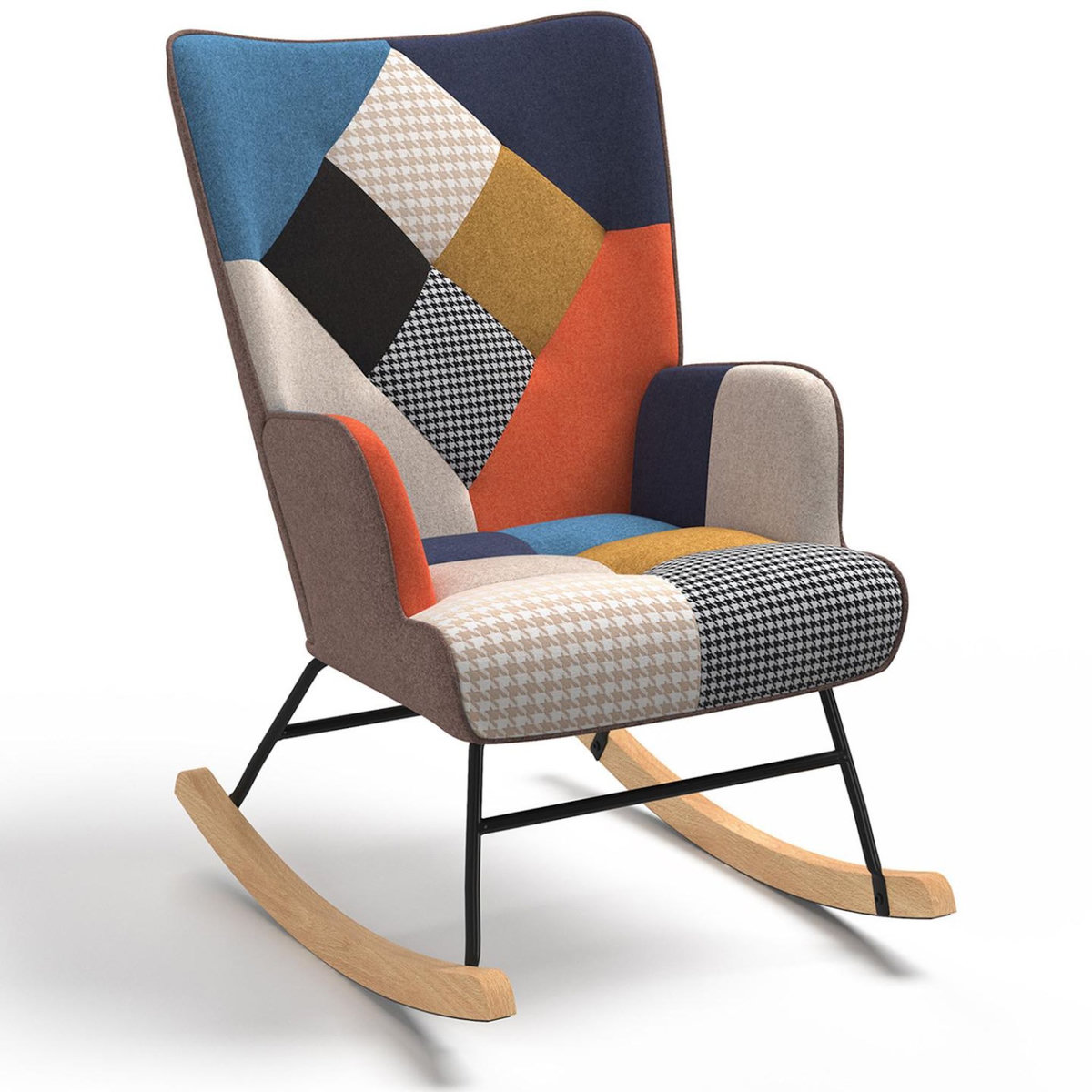 ID MARKET Fauteuil scandinave IVAR en tissu à bascule patchwork multicouleurs