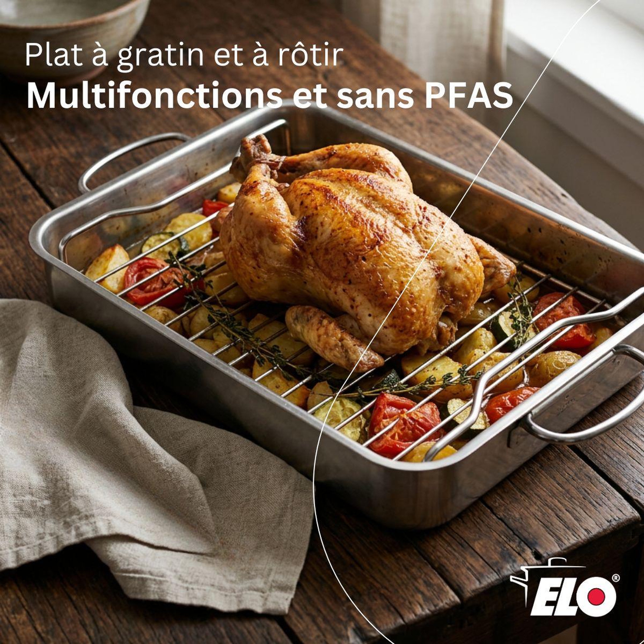 Voir la diapositive 2 : ELO Plat à four acier inoxydable avec grille elo edition red