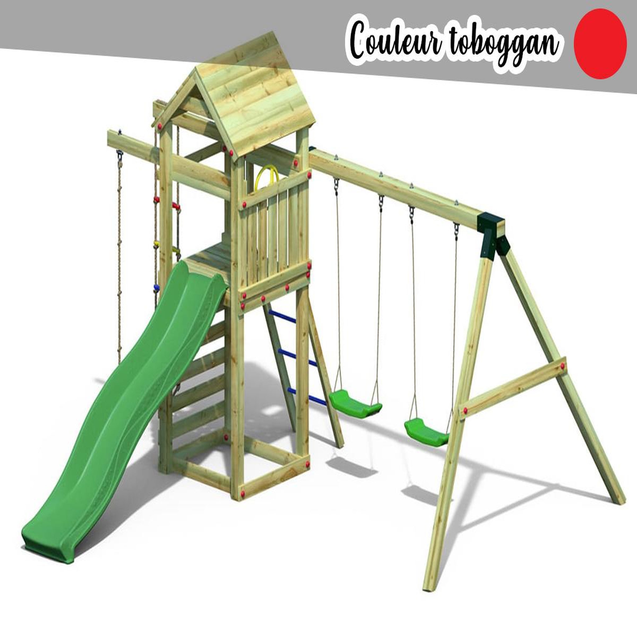 Fungoo Aire de jeux Gaia avec balançoire double - Toboggan Rouge - Fungoo