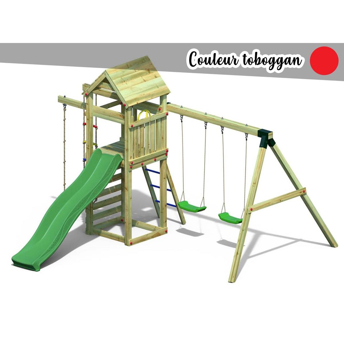 Fungoo Aire de jeux Gaia avec balançoire double - Toboggan Rouge - Fungoo