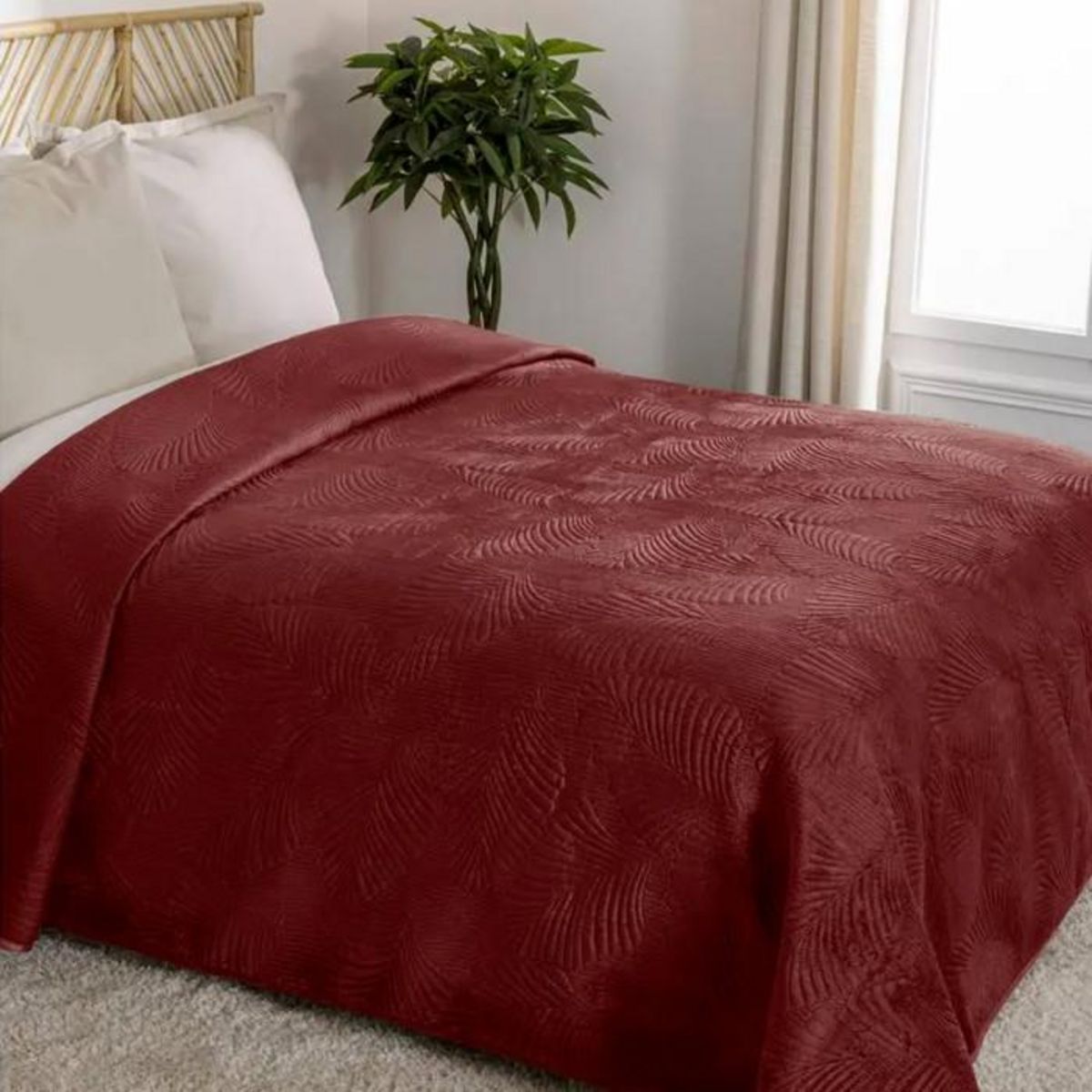 ATMOSPHERA Dessus de Lit en Velours  Feuille  240x260cm Rouge Grenat