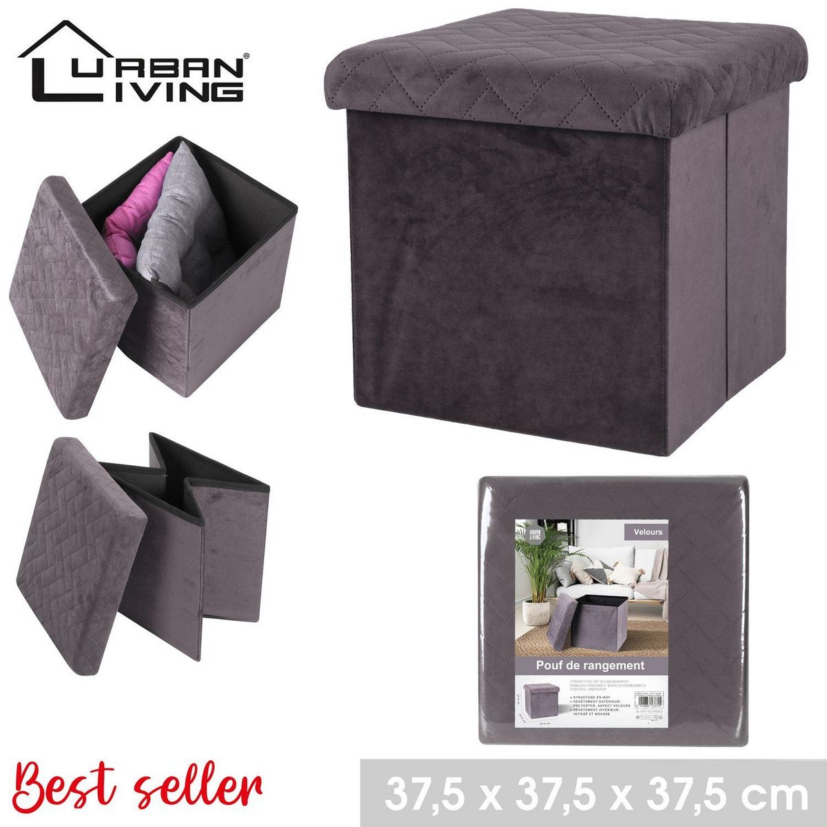 TOILINUX Pouf de rangement pliable Kube en velours - Marron anthracite
