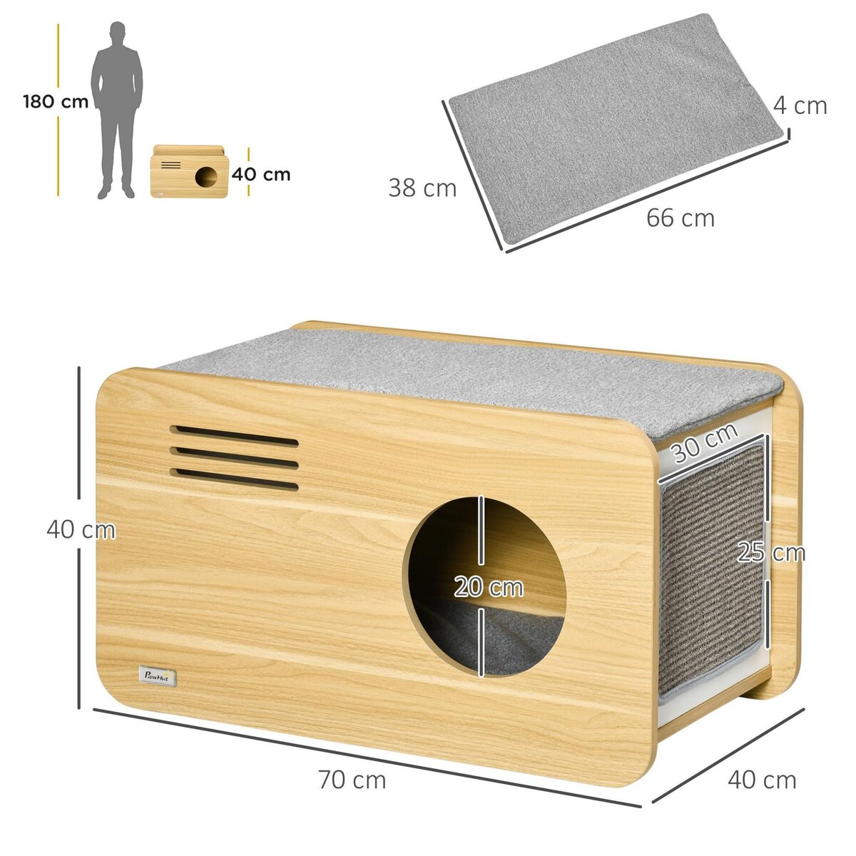PAWHUT Maison pour chat design poste de radio - niche chat panier chat - 2 coussins + grattoir sisal amovibles - MDF panneaux aspect bois clair