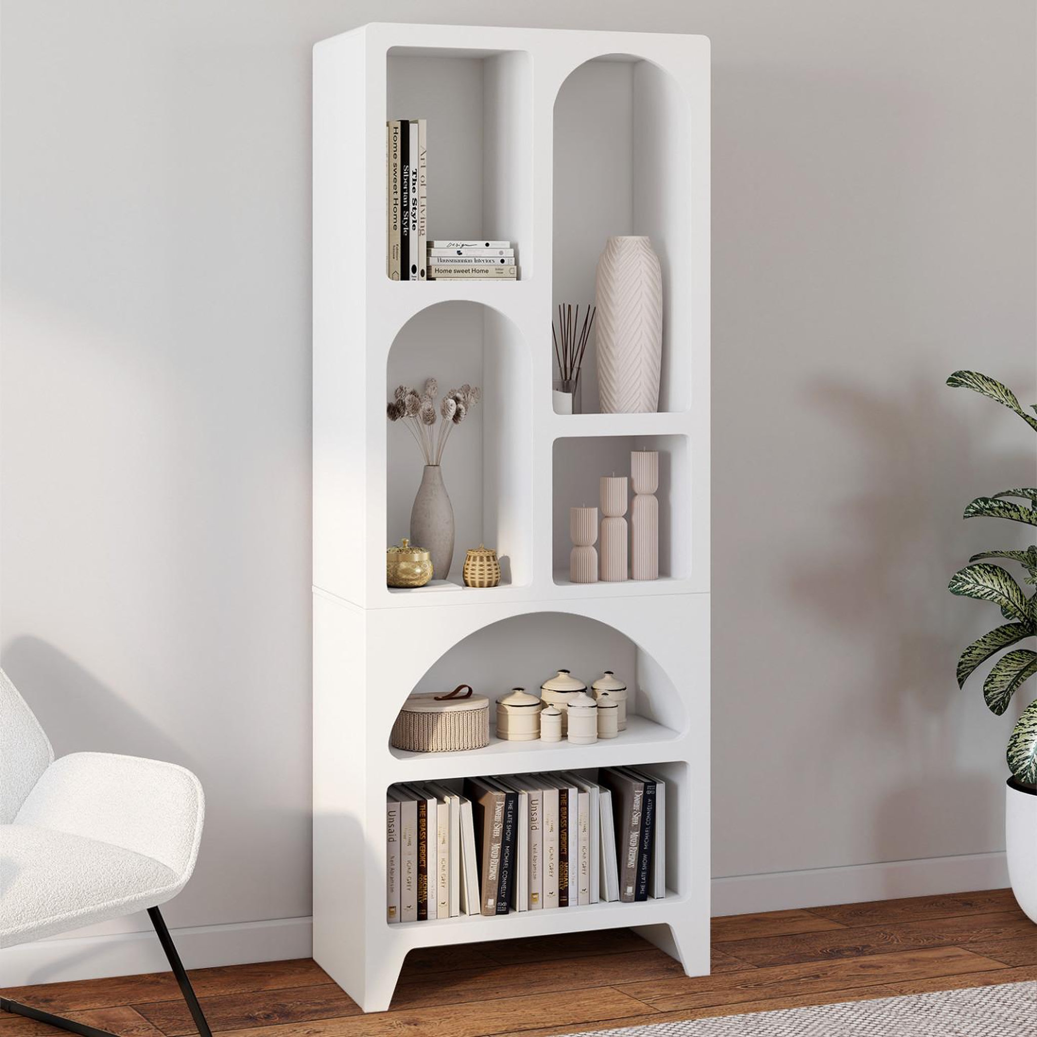 Voir la diapositive 2 : ID MARKET Etagère bibliothèque organique alesia 6 compartiments bois blanc