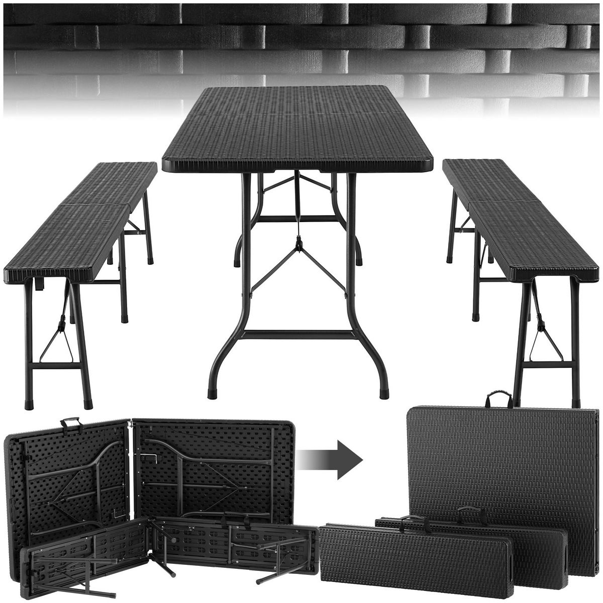 tectake Ensemble de table de camping pliable noir-aspect rotin