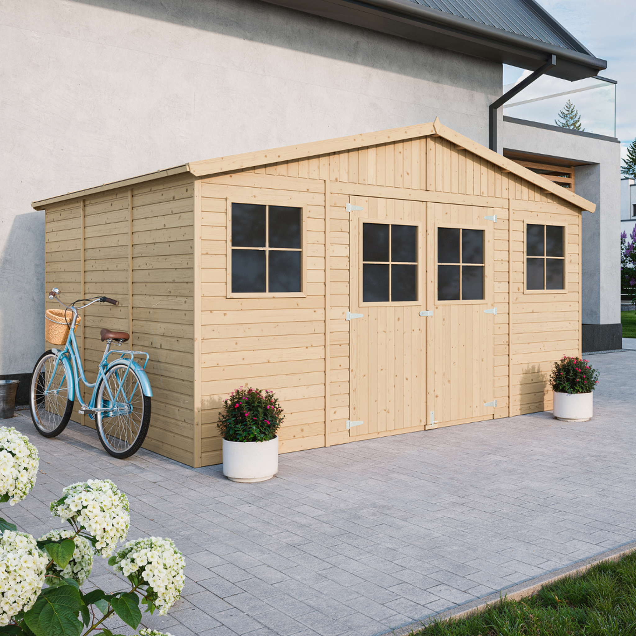 Voir la diapositive 4 : TIMBELA Abri de Jardin en Bois 11.91 m² Cabanon Jardin Exterieur à Outils et Velo avec Fenêtres M331