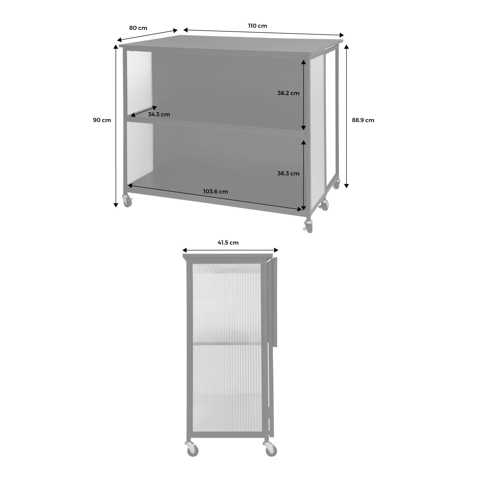 Voir la diapositive 3 : SWEEEK Desserte de cuisine noire extensible ALEXIS. rangements. table de bar. îlot de cuisine. 110 x 40/80 x 90 cm. avec étagères. roulettes