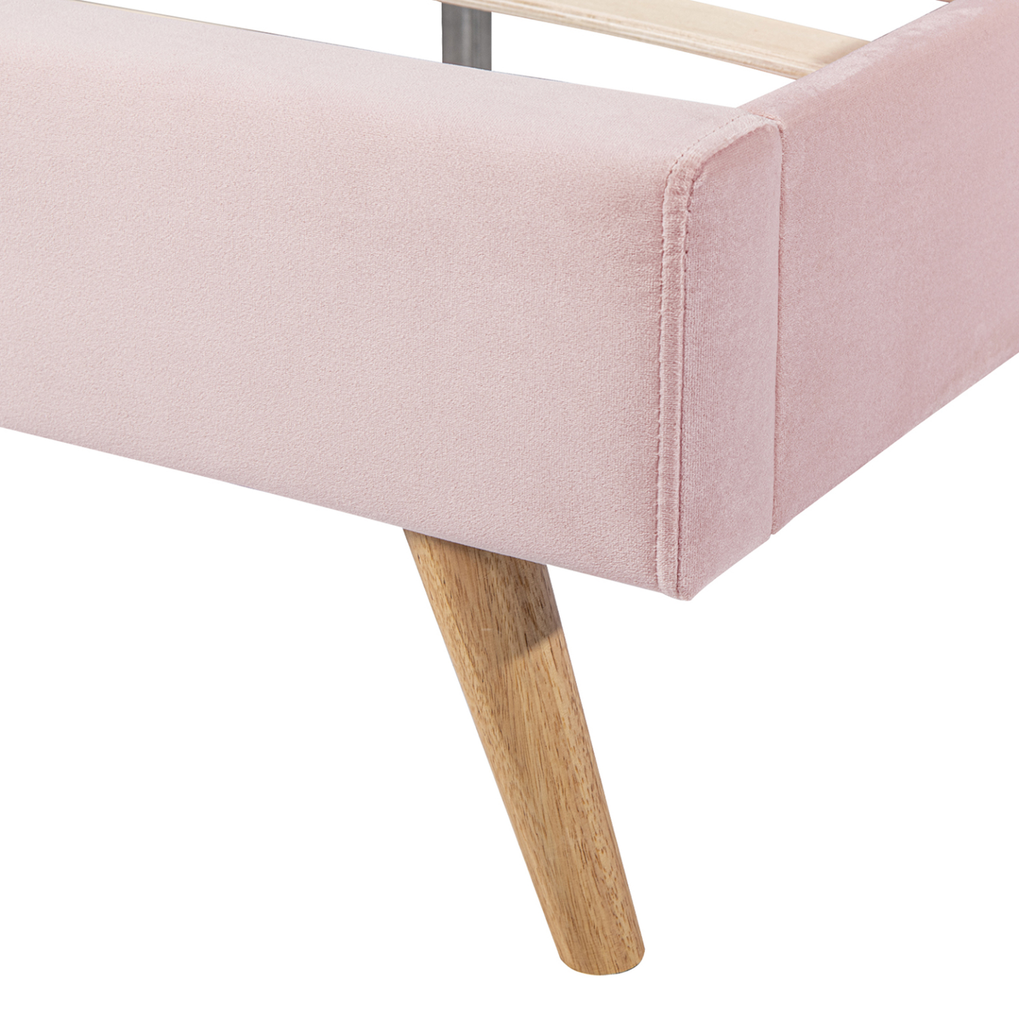 Voir la diapositive 3 : ID MARKET Lit double scandinave oslo avec tête de lit et sommier 140 x 190 cm tissu rose clair effet velours