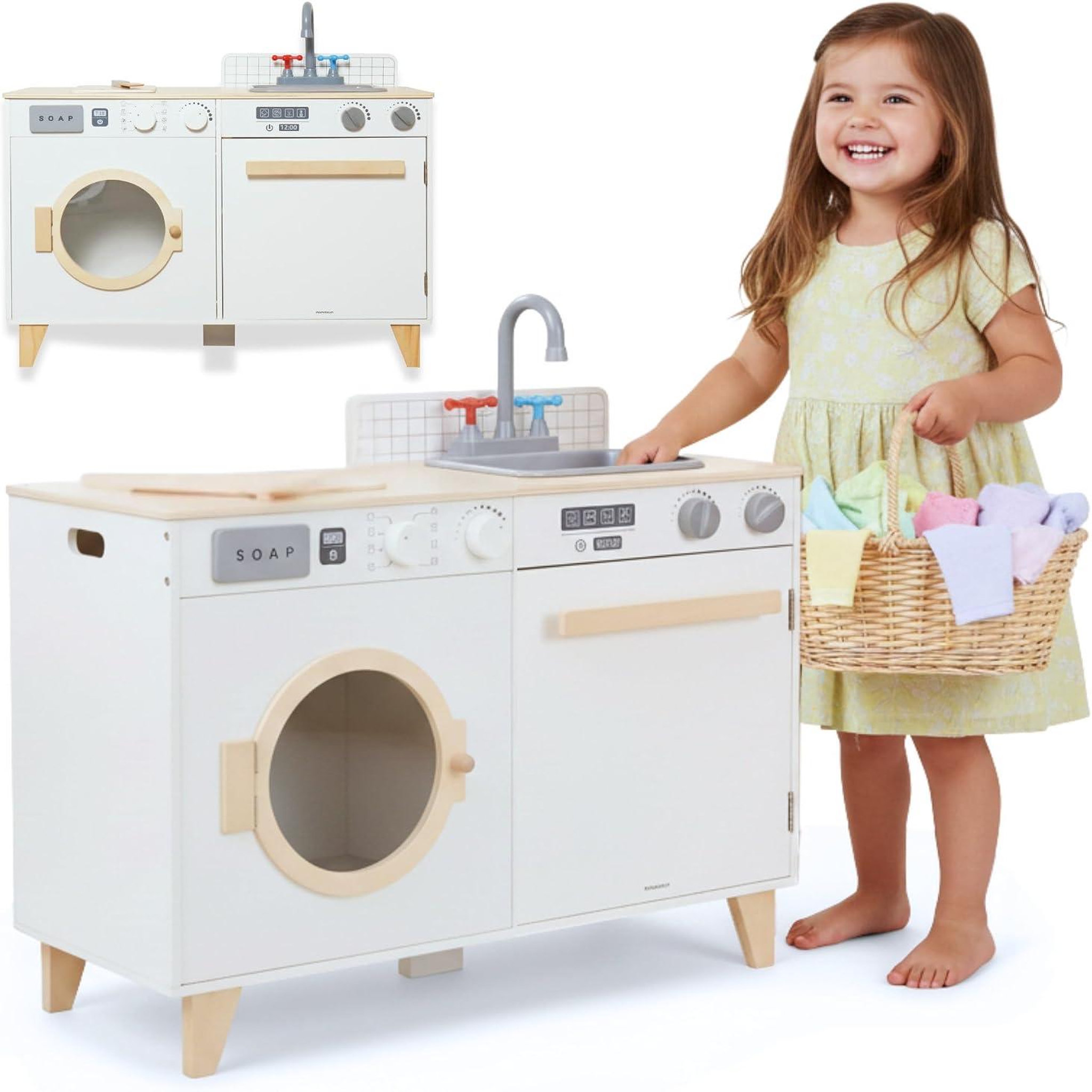 MAMABRUM Cuisine enfant & buanderie en bois - avec lave-linge, évier et accessoires 73,5*29*67 cm