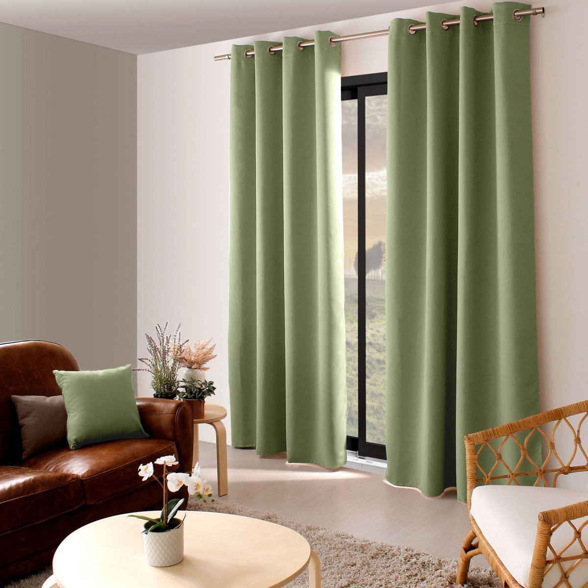 TOILINUX Rideau occultant Basic à 8 œillets - 140 x 240 cm - Vert Argile