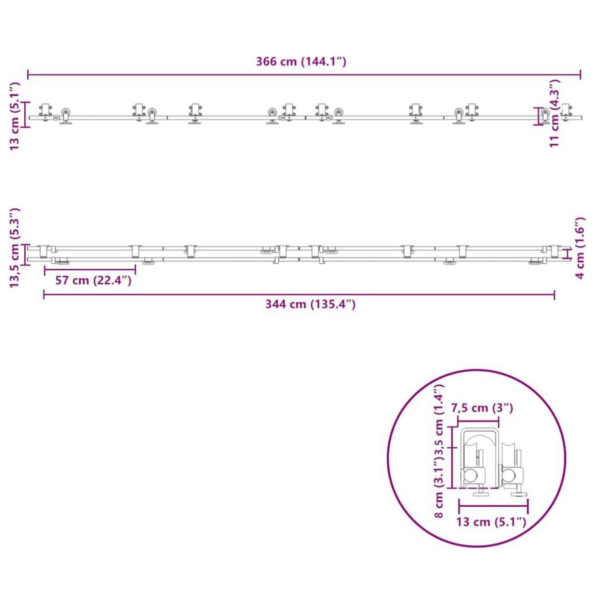 VIDAXL Kit fixation porte coulissante 366 cm Acier inoxydable Argente