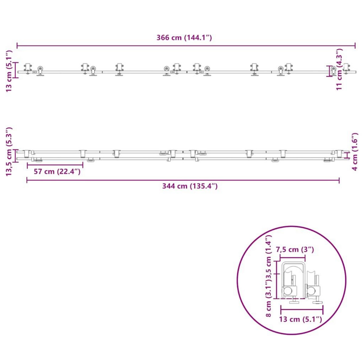 VIDAXL Kit fixation porte coulissante 366 cm Acier inoxydable Argente