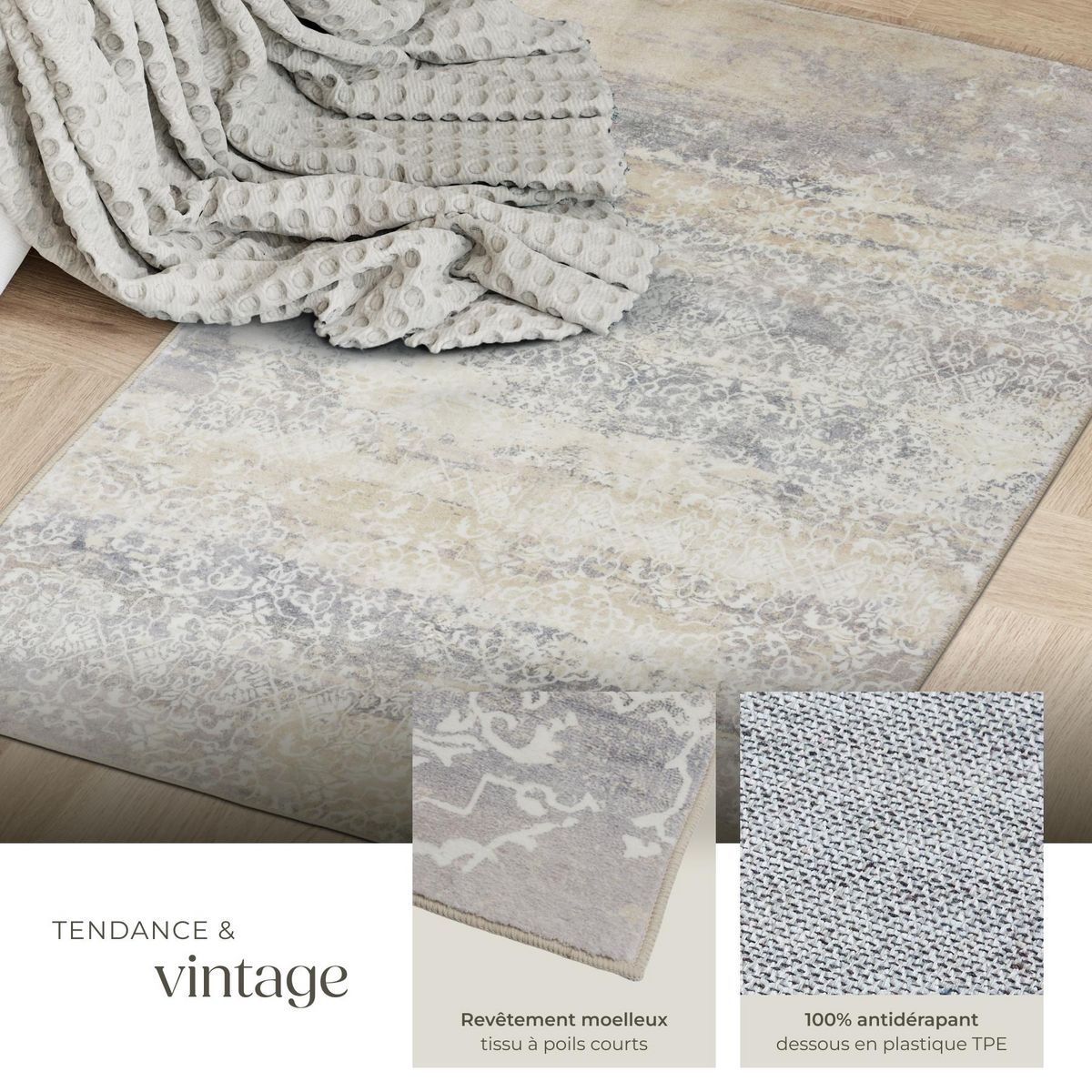 tectake Tapis design vintage à poils courts en laine synthétique et feutre beige 60 x 110 cm