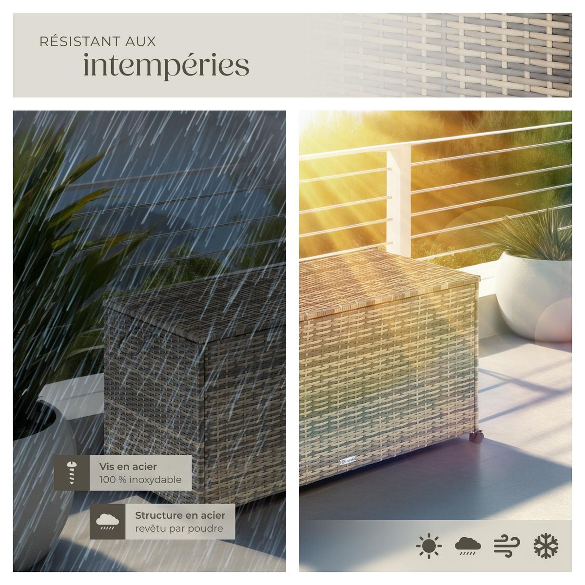 tectake Coffre de jardin caisse de rangement pour coussins 297 l, avec cadre en aluminium et tressage en rotin marron naturel