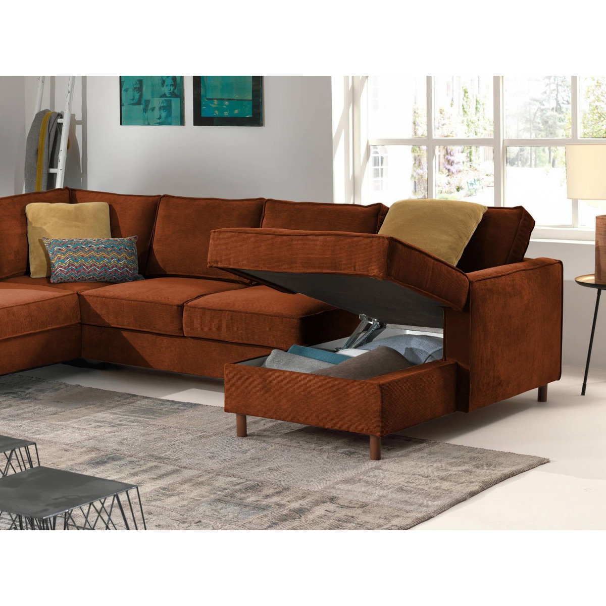 LISA DESIGN Jake - canapé panoramique d'angle gauche - convertible avec coffre - 7 places - en velours côtelé