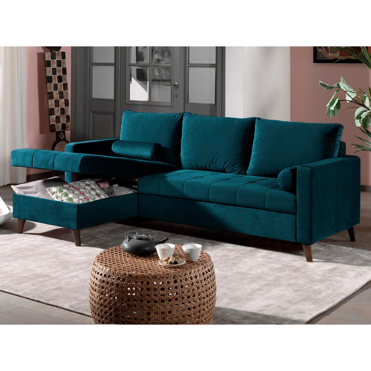 BEST MOBILIER Polar - canapé d'angle réversible convertible - en velours au design scandinave - 4 places