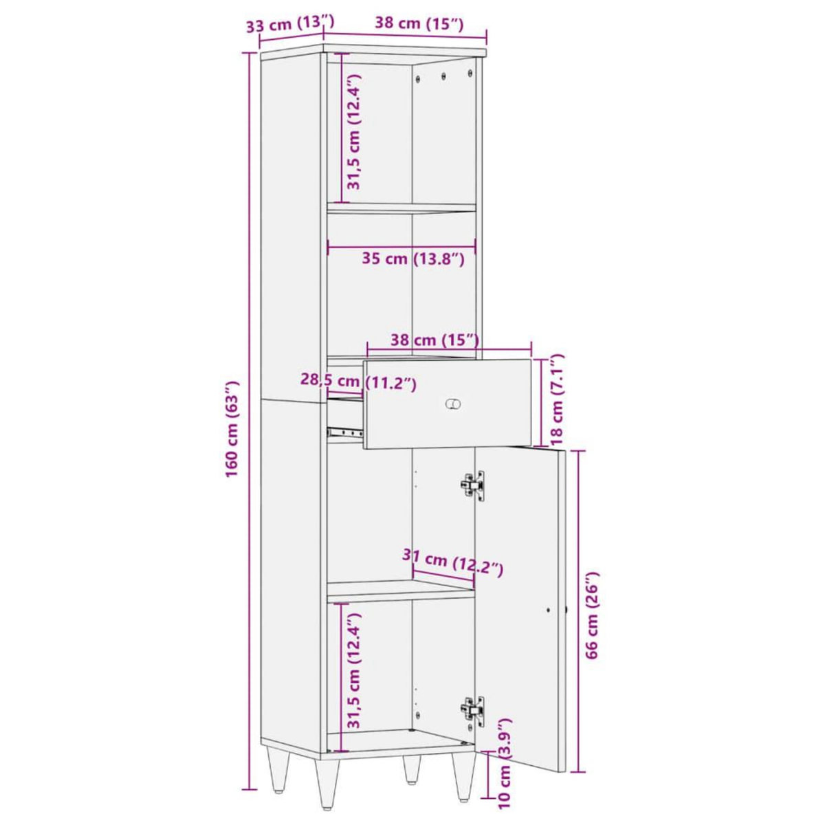 VIDAXL Armoire de salle de bain 38x33x160 cm bois massif de manguier