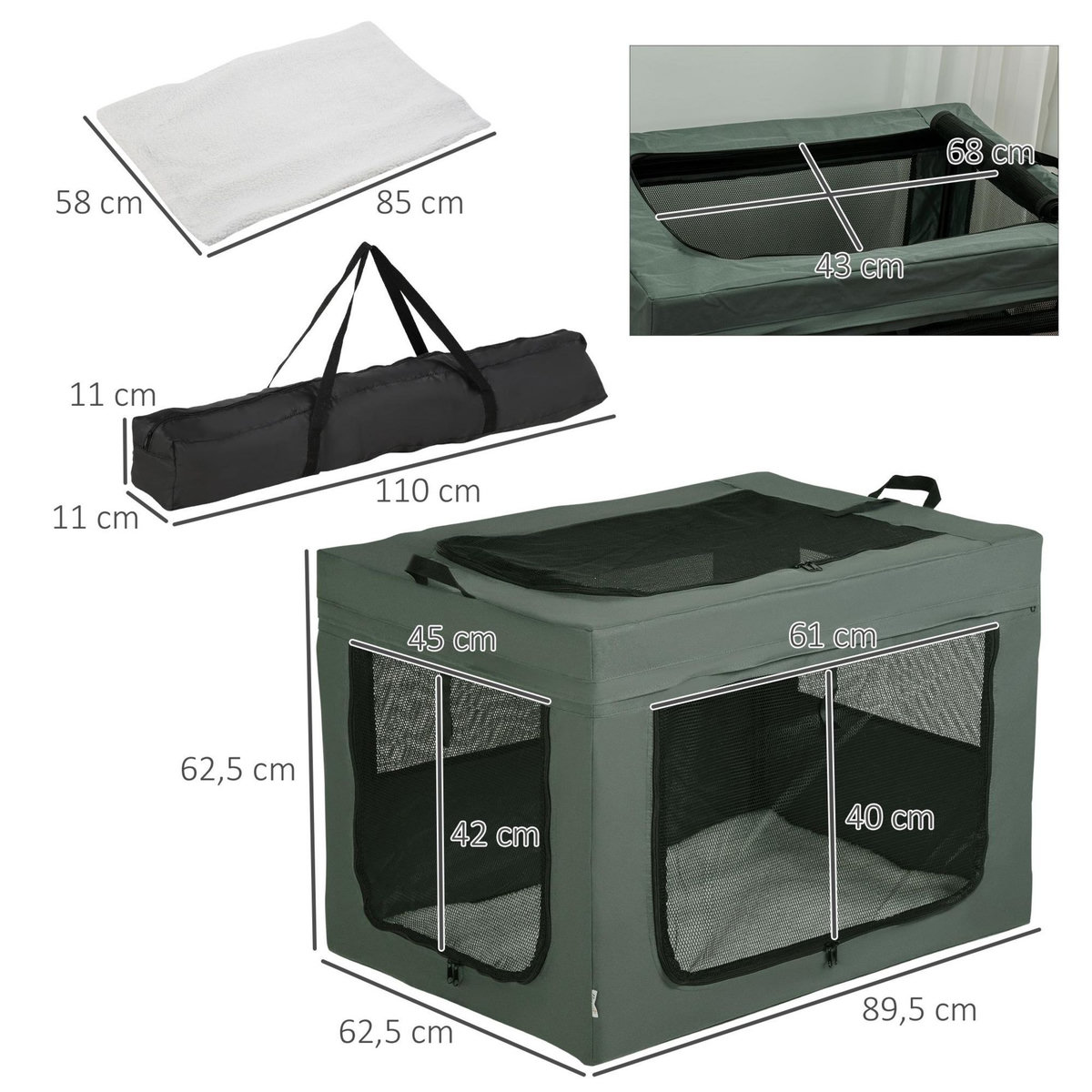PAWHUT Sac de transport pliable pour chien chat - 2 poignées, 3 portes - dim. 89L x 62l x 62H cm - acier polyester gris