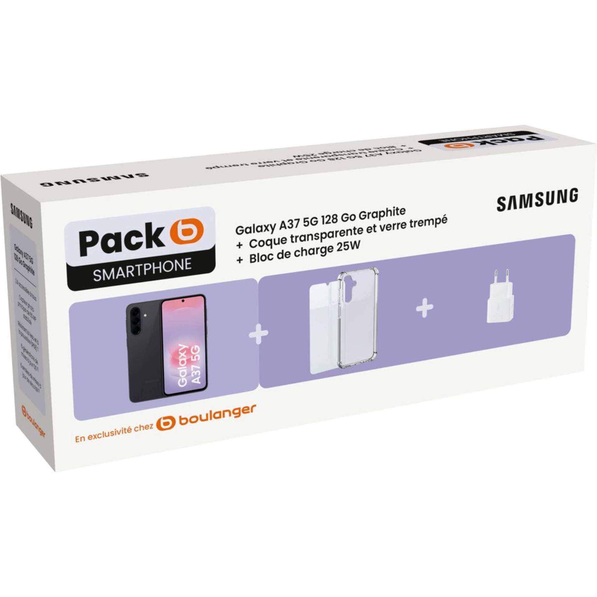Voir la diapositive 2 : Samsung Smartphone pack a37 5g 128go graphite black + coque transparente + verre trempé + bloc de charge 25w