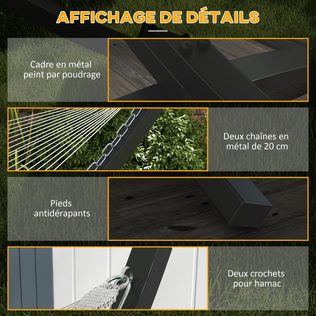 OUTSUNNY Support pied de hamac structure robuste - L. 360 cm pour hamacs L. 270-330 cm - métal époxy gris