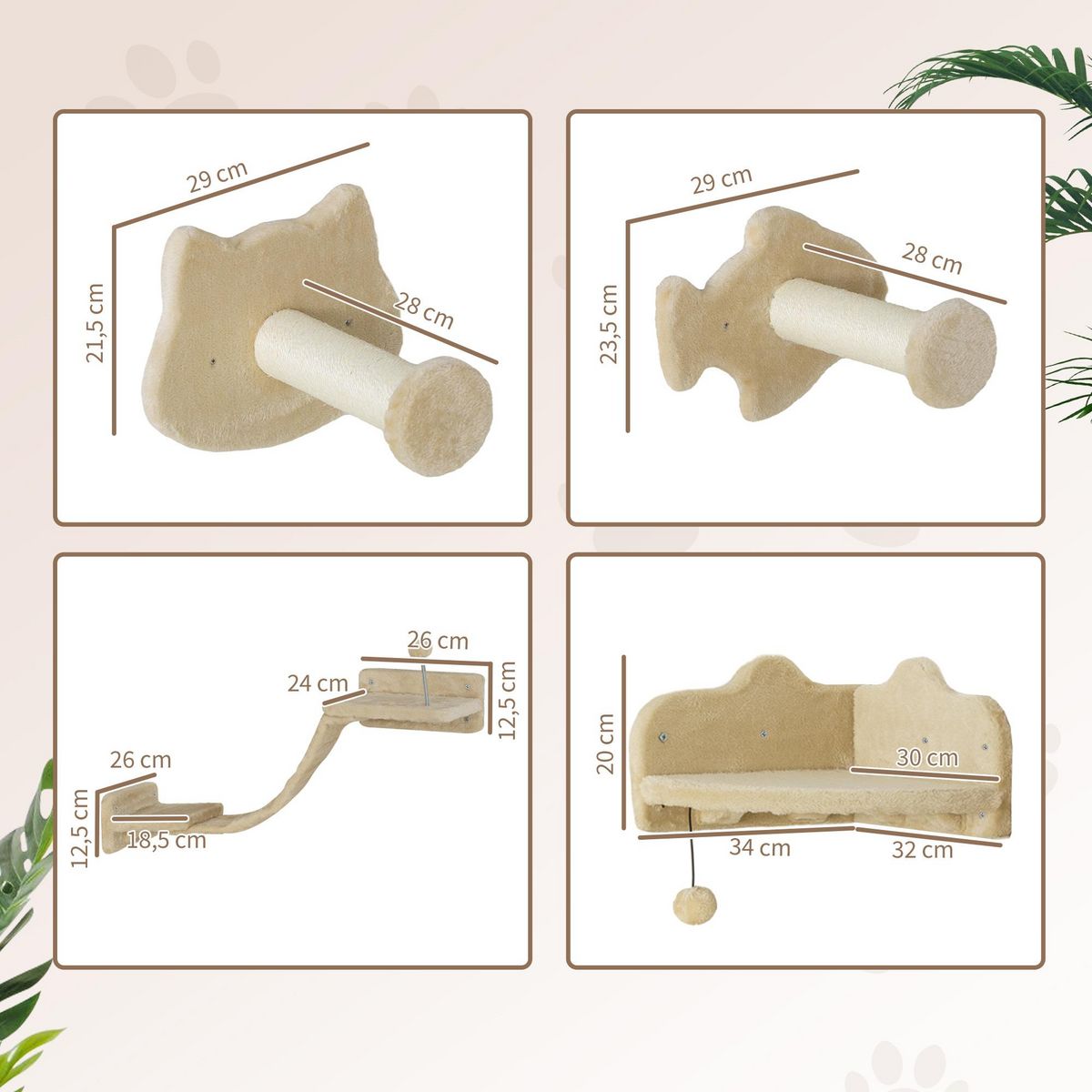 PAWHUT Arbre à chat mural - étagères murales chat - parcours mural 4 pièces - beige