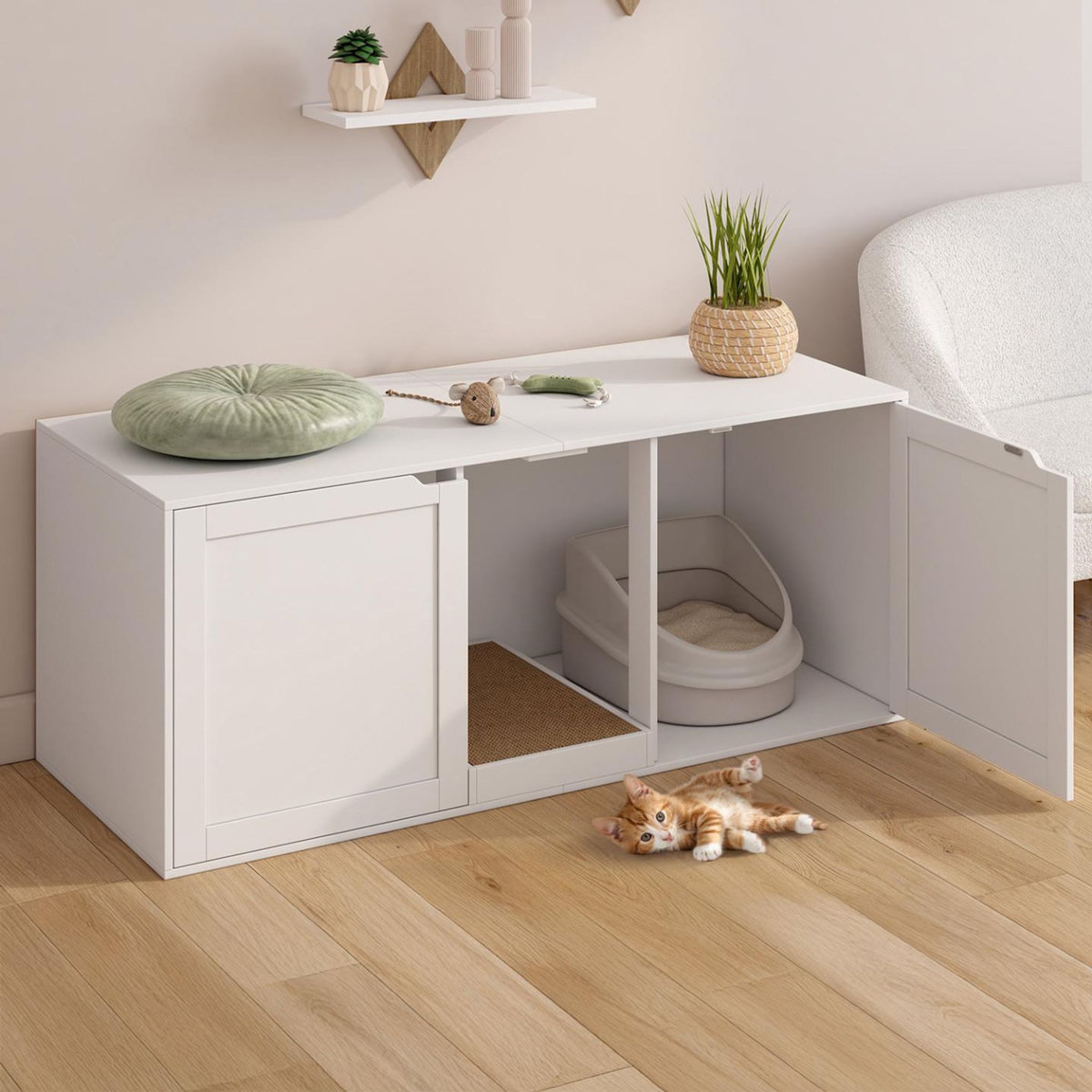 ID MARKET Maison de toilette chat XL cache-litière 2 portes et griffoir bois blanc