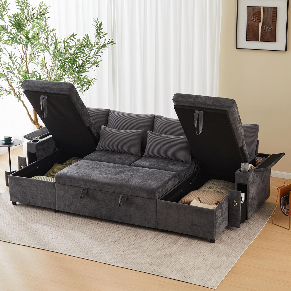 MERAX Canapé d'angle panoramique convertible 4 places tissu coffre de rangement