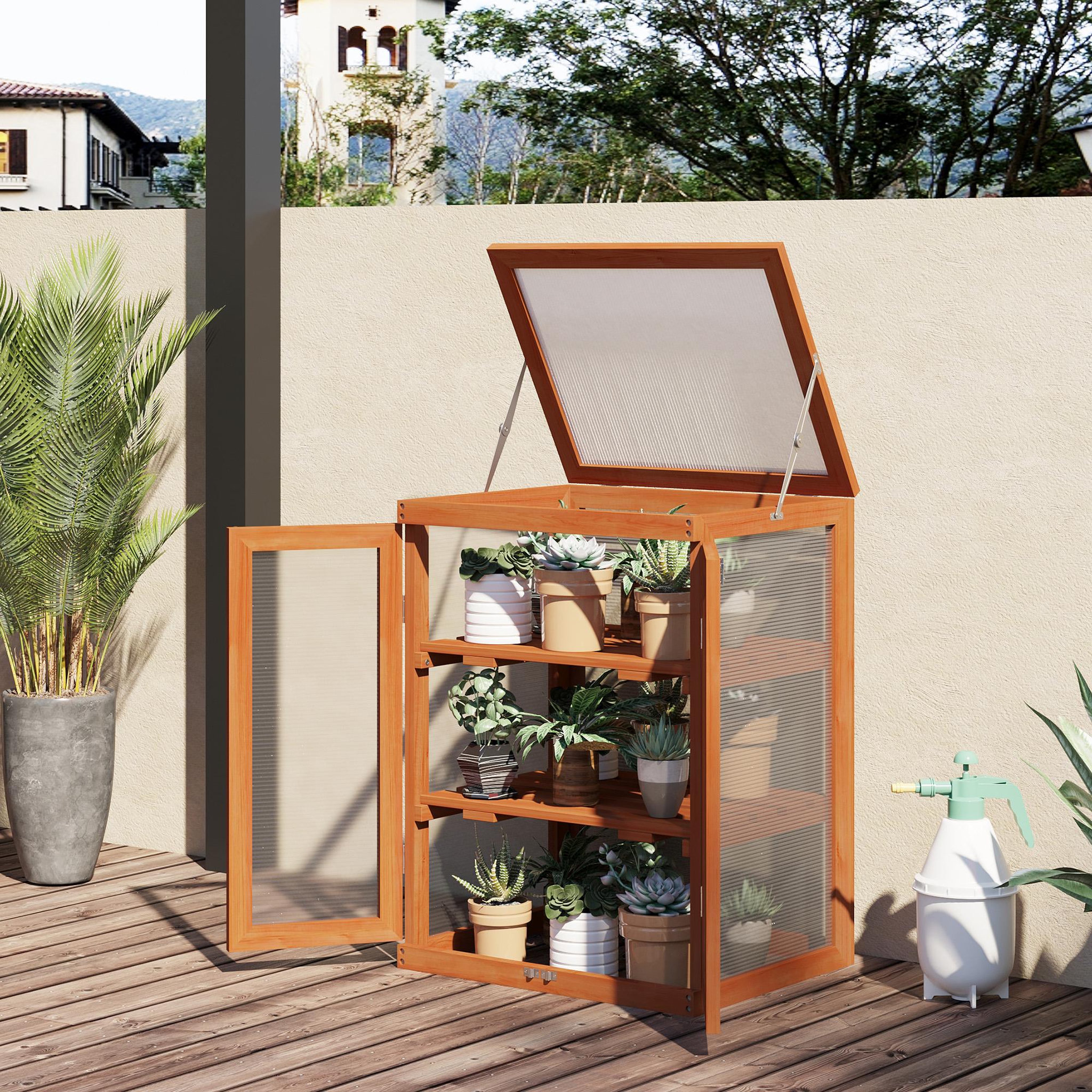 Voir la diapositive 2 : OUTSUNNY Mini serre de jardin 3 niveaux dim. 58L x 44l x 78H cm double porte toit ouvrant bois sapin lasuré polycarbonate