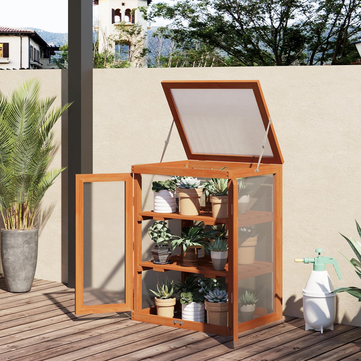 OUTSUNNY Mini serre de jardin 3 niveaux dim. 58L x 44l x 78H cm double porte toit ouvrant bois sapin lasuré polycarbonate