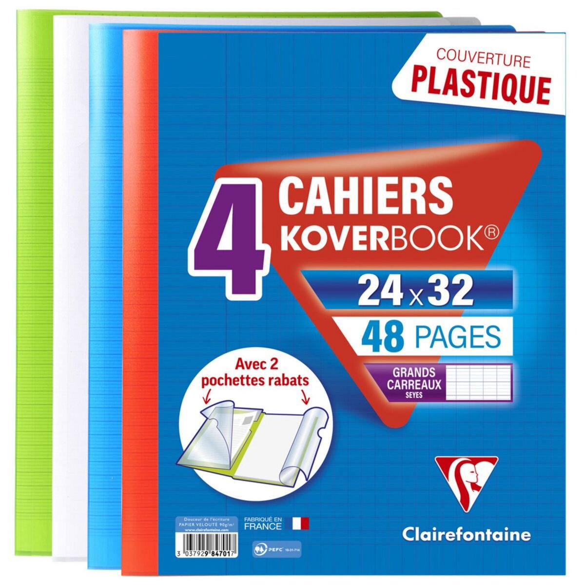 CLAIREFONTAINE Lot de 4 cahiers piqués polypro Koverbook 24x32cm 48 pages grands carreaux Seyes