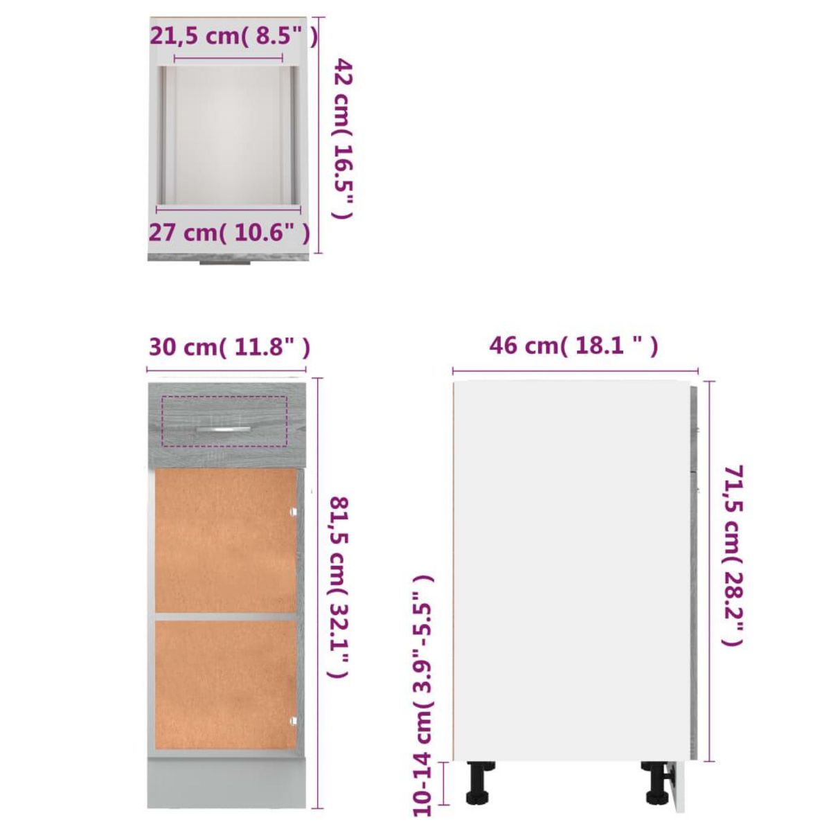 VIDAXL Armoire de plancher a tiroir Sonoma gris 30x46x81,5 cm
