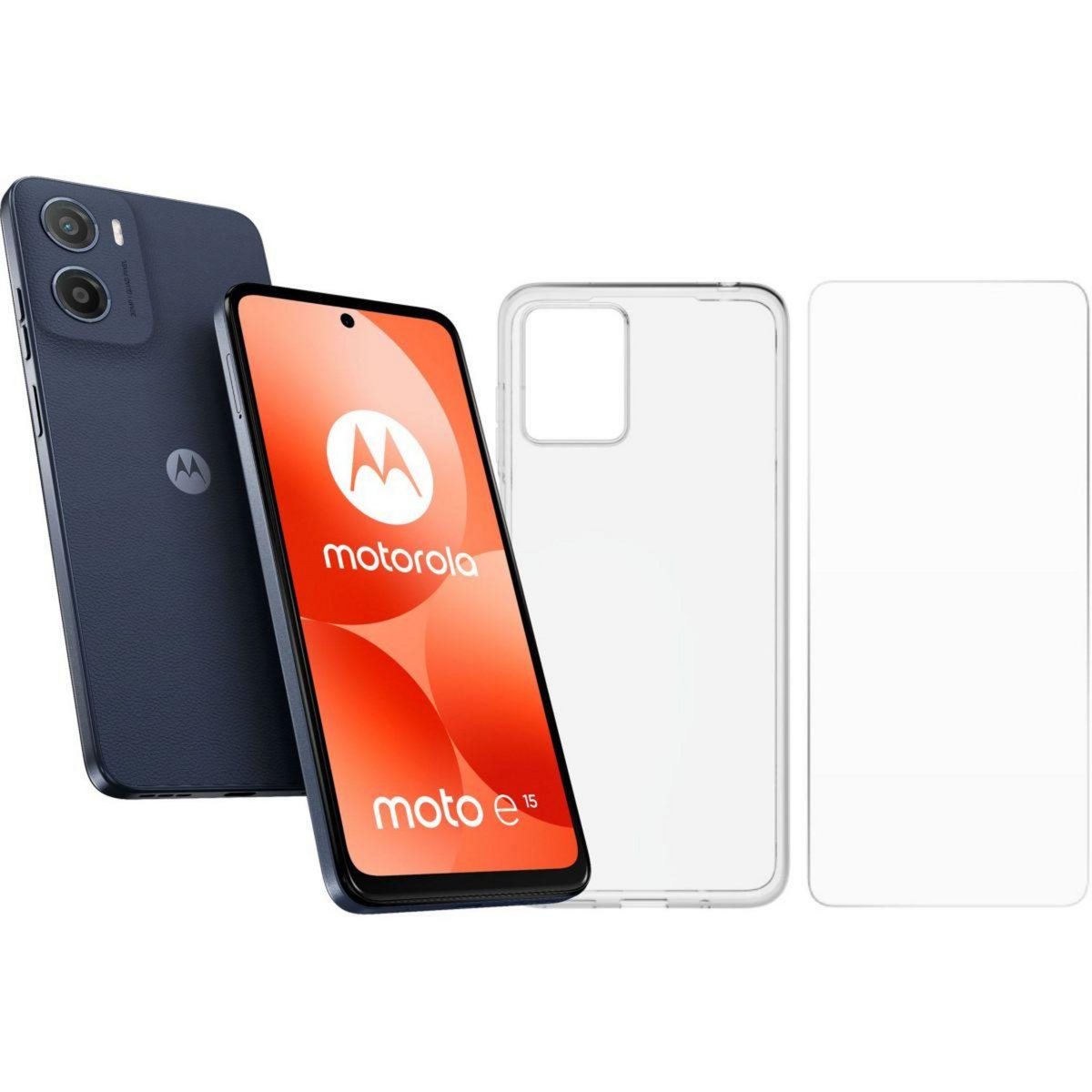 MOTOROLA Smartphone Pack E15 + Coque + verre trempe