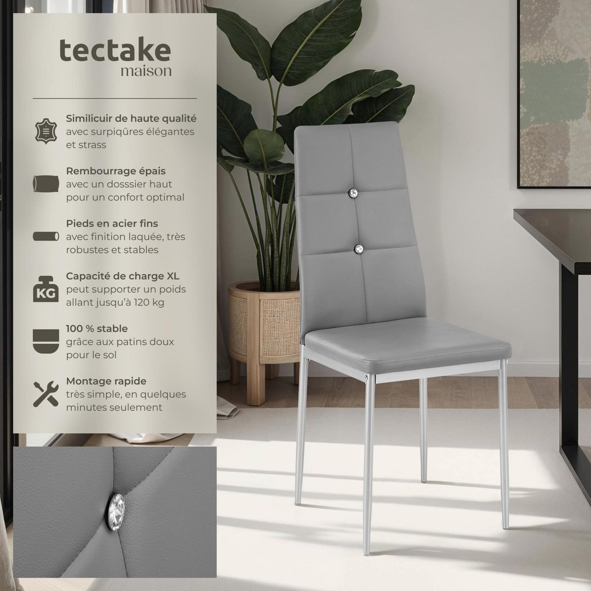 tectake Ensemble de chaises de salle à manger rembourré avec revêtement aspect cuir gris Lot de 4